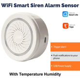 TRIGGER ALARM, USE POWER SUPPLY, TUYA SENSOR, TUYA ALARM SENSOR, TUYA SMART SIREN ALARM, SIREN ALARM, TEMPERATURE AND HUMIDITY SENSOR